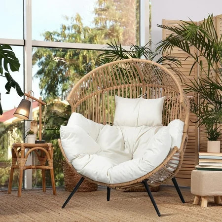 Walsunny Egg Chairs Outdoor Patio Wicker Oversized Egg Shell Lounger Lawn Chair with Cushion for Indoor Outside Porch Balcony Backyard, Original Wood Color Rattan Beige Cushion | Walmart (US)