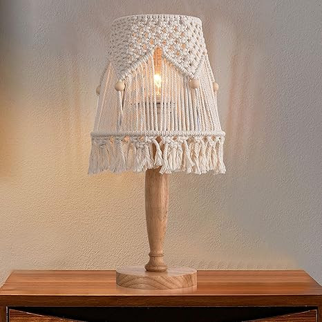 Macrame Bedside Table Lamp Modern Nightstand Lamp with Handmade Bohemian Shade Wooden Desk Lamps ... | Amazon (US)