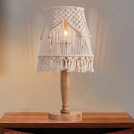 Macrame Bedside Table Lamp Modern Nightstand Lamp with Handmade Bohemian Shade Wooden Desk Lamps ... | Amazon (US)