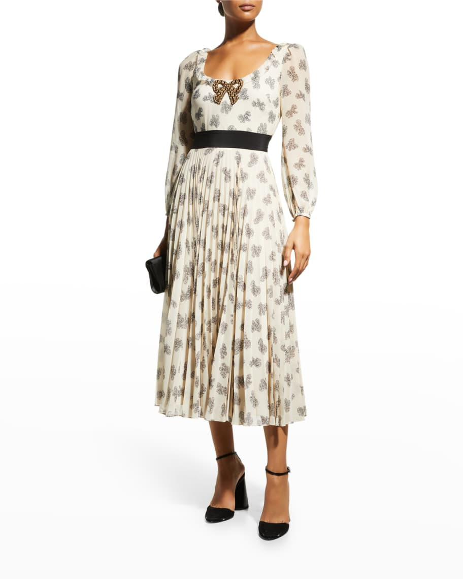 Saloni Denise Bow-Print Silk Pleated Midi Dress | Neiman Marcus
