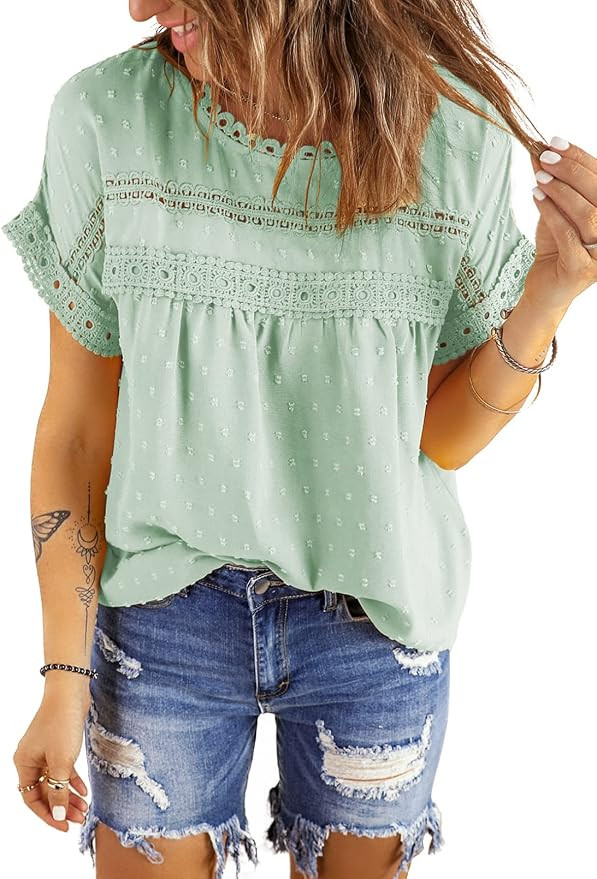 Dokotoo Womens Summer Tops Lace Crochet Short Sleeve Shirts Chiffon Blouses | Blouses for Women D... | Amazon (US)