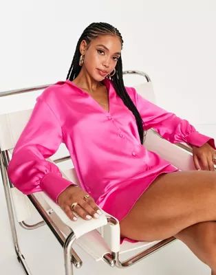 ASOS DESIGN slouchy satin plunge shirt mini dress in hot pink | ASOS (Global)