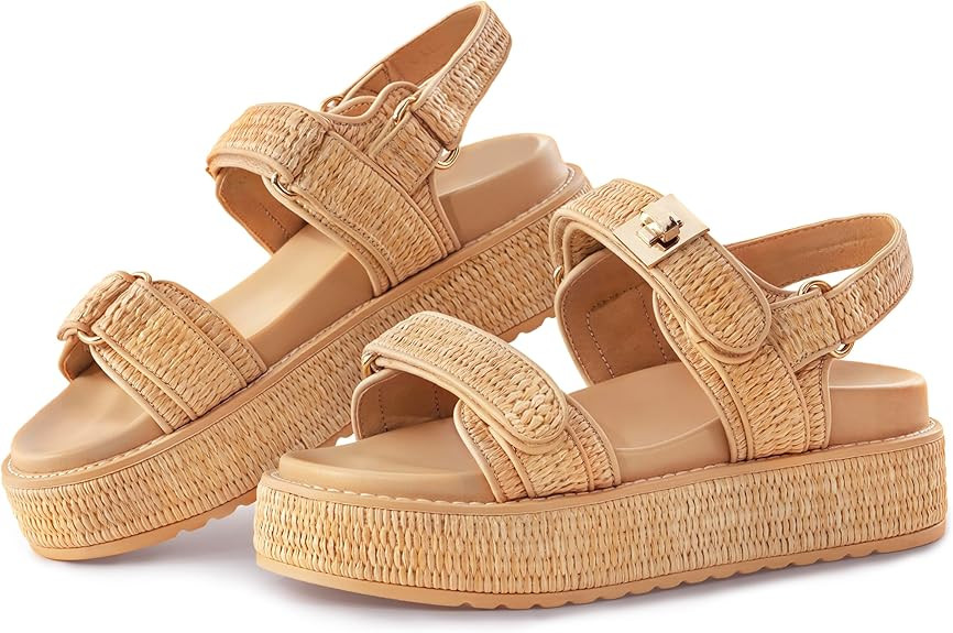 VARECOLA Women’s Platform Sandals, Raffia Comfortable Chunky Flat Woven Sandals Open Toe Shoes ... | Amazon (US)