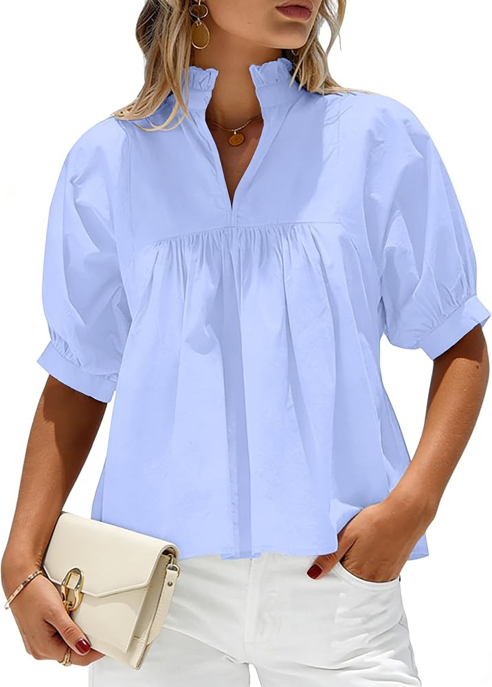 SimpleFun Puff Sleeve Blouses for Women Dressy Casual High Ruffle V Neck Babydoll Peplum Tops Sum... | Amazon (US)