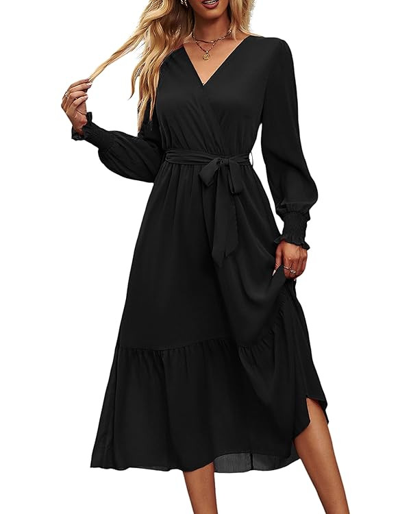 PRETTYGARDEN Women's Floral Print Boho Dress Long Sleeve Wrap V Neck Ruffle Belted A-Line Flowy M... | Amazon (US)