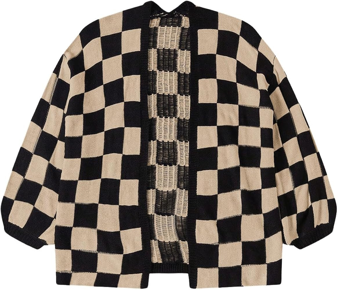 SHENHE Women's Oversized Plaid Outwear Open Front Knit Sweater Long Sleeve Casual Cardigan | Amazon (US)