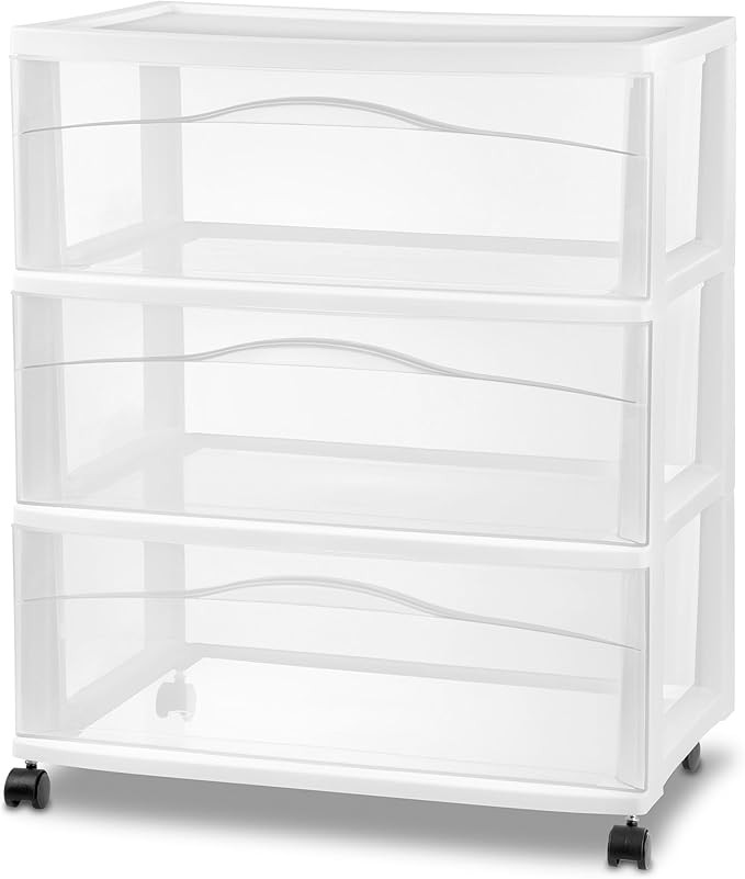Sterilite Wide 3-Drawer Cart, Plastic Storage Organizer Drawers with Wheels, White - Rolling Mult... | Amazon (US)