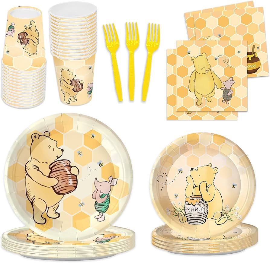 120pcs Classic Winnie Bear Baby Shower or Birthday Party Supplies Baby Shower Plates Napkins Cups... | Amazon (US)