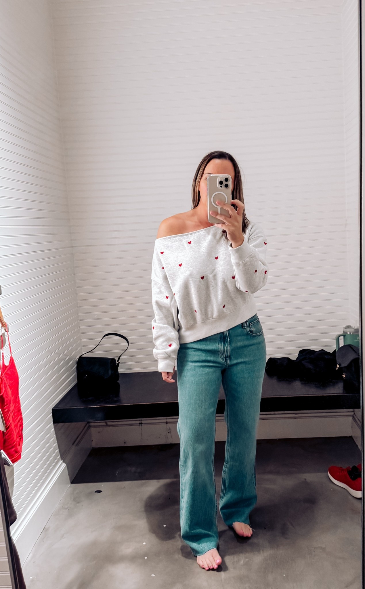 Found the cutest off the shoulder Valentine's sweater but it was only in store. These jeans have a cute little heart detail on the pocket. Perfect casual Valentine's outfit.  

 #LTKValentine #LTKmomlife #LTKOver40