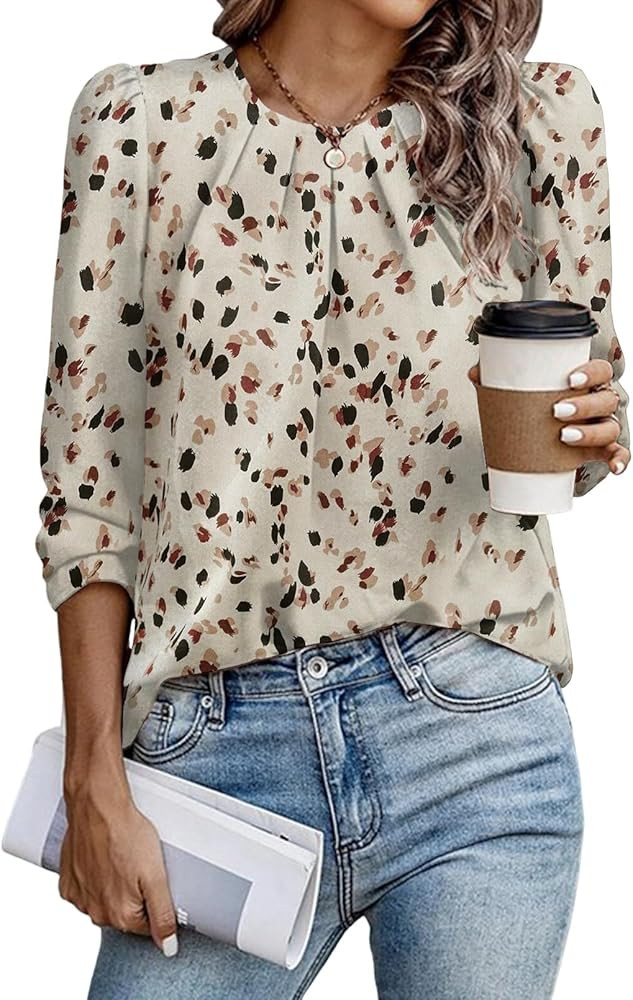 Samefar Womens Tops Dressy Casual Pleated Crew Neck Long Sleeve Shirts Office Work Chiffon Blouse... | Amazon (US)