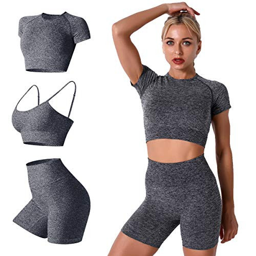 Women Seamless Yoga Outfits 3 Pieces Workout Set Short Sleeve Stretch Crop Top High Waisted Running Biker Shorts Leggings Pants Sports Bra Athletic Gym Clothes Jogging Activewear Tracksuit Gray Small | Amazon (US)