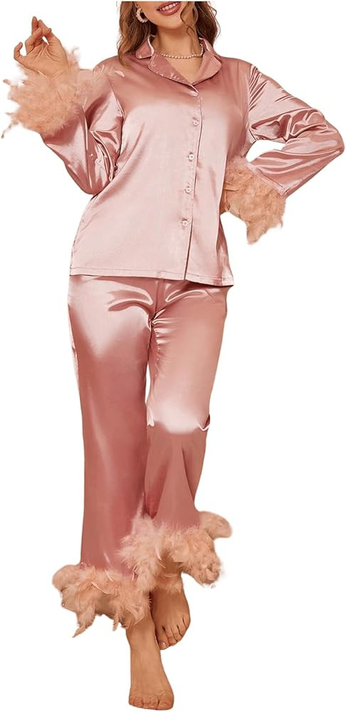 Verdusa Satin Cute Pajama Set for Women Faux Fur Button Front Shirt and Pants Lounge Set | Amazon (US)