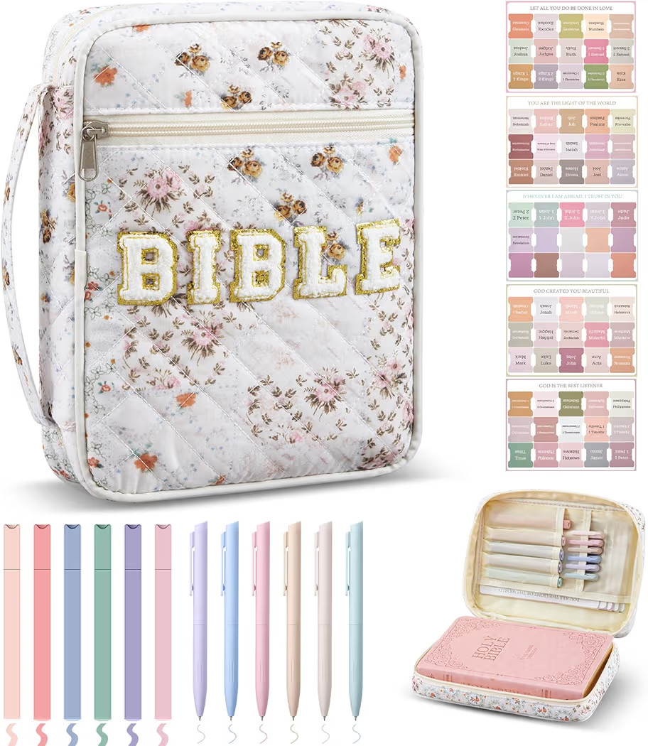 Quilted Bible Cover Case for Women Large Carrying Bag with Organizer Tabs 6 Colored Pens 6 Highli... | Amazon (US)