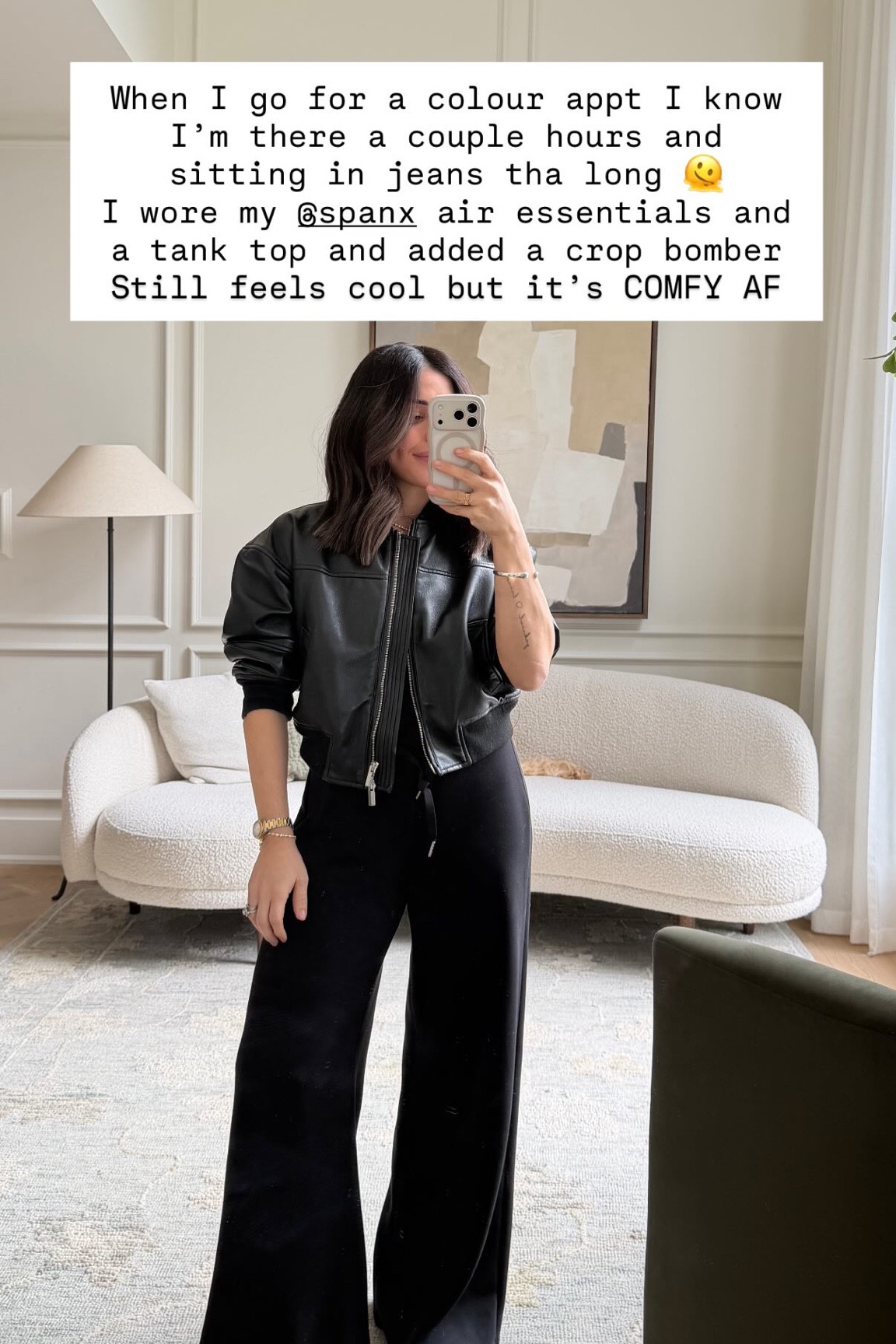 When I go for a colour appt I know I’m there a couple hours and sitting in jeans tha long 🫠
I wore my @spanx air essentials and a tank top and added a crop bomber 
Still feels cool but it’s COMFY AF