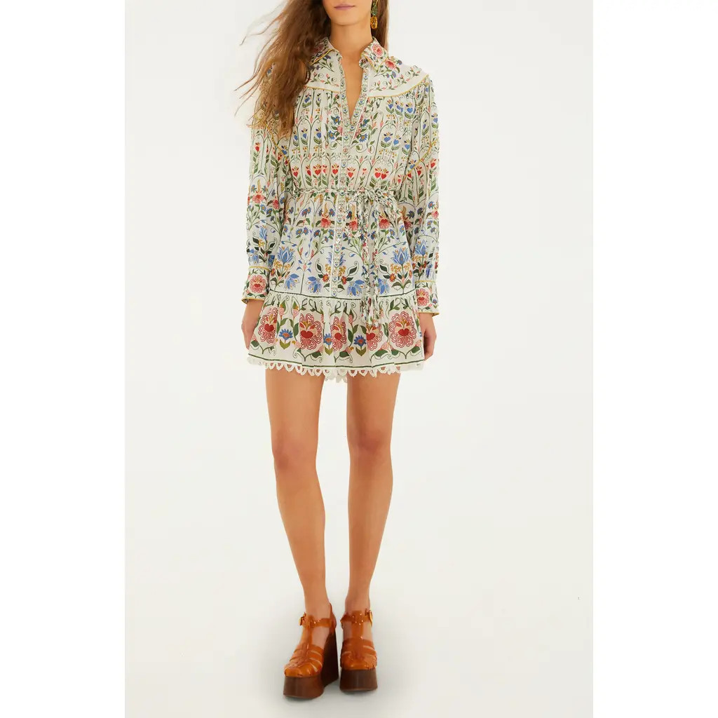 FARM Rio Stitched Garden Long Sleeve Cotton Blend Mini Shirtdress in Off-White at Nordstrom, Size Small | Nordstrom