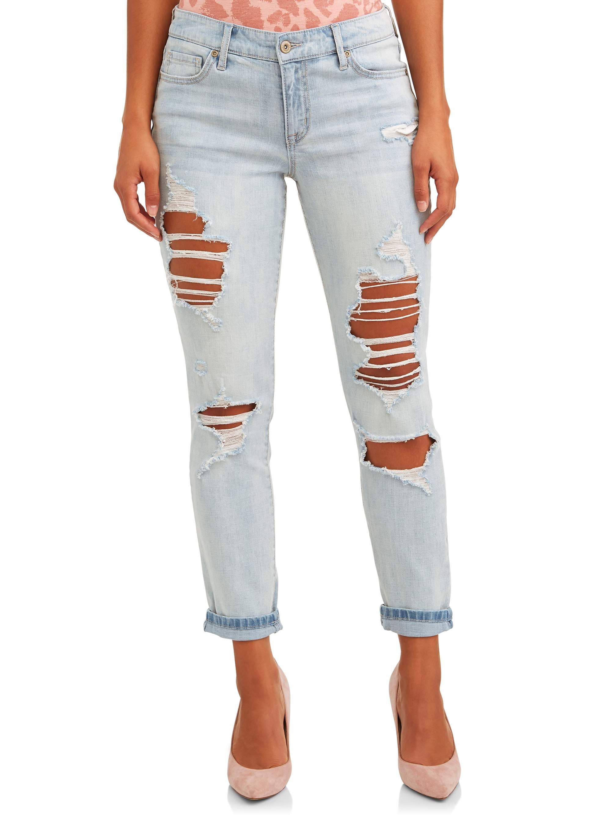 Sofia Jeans by Sofia Vergara Bagi Boyfriend Destructed Mid Rise Jeans with Roll Cuff, Women’s | Walmart (US)