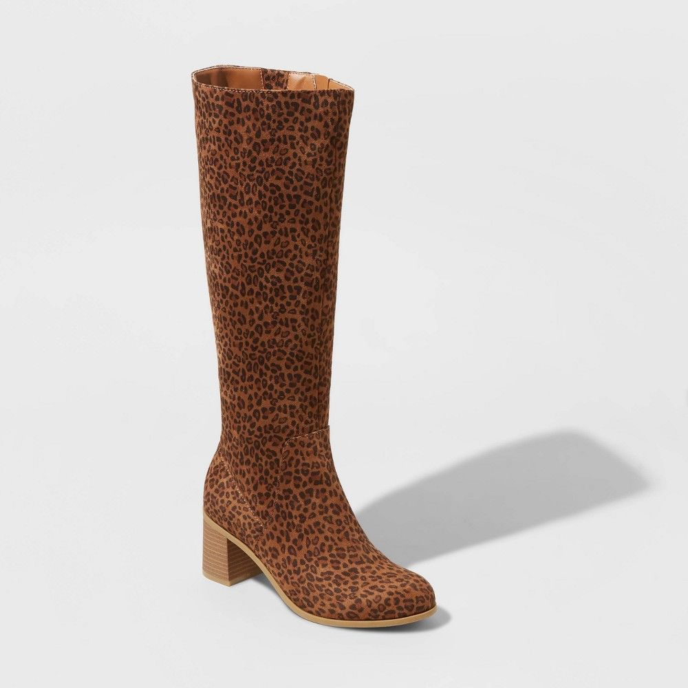 Women's Marlee Wide Calf Leopard Print Knee High Heeled Fashion Boots - Universal Thread™ Brown 12WC | Target