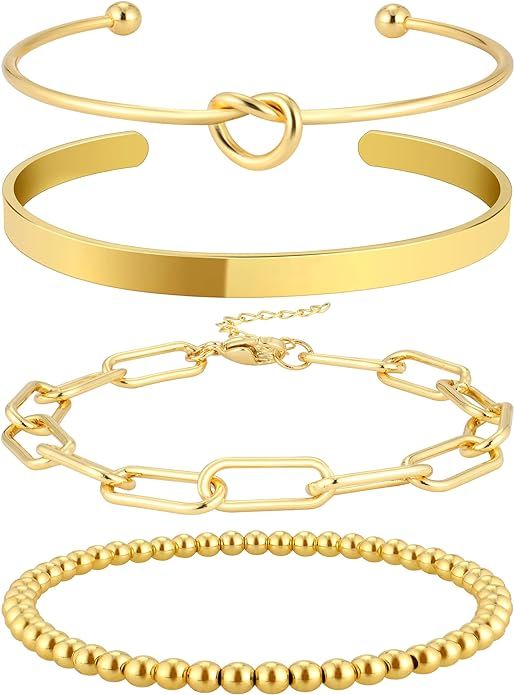 Reoxvo Gold Bracelets for Women Stack 14K Gold Plated Bangle Cuff Bracelet Set for Women Non Tarn... | Amazon (US)