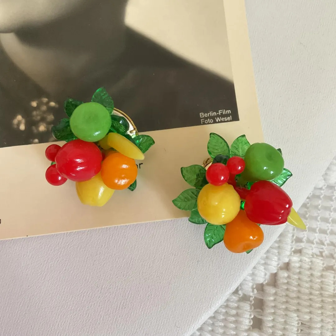 Vintage 1950's 1960's Earrings CLIP ON Style Plastic Fruit Carmen Miranda Signed *Hong Kong* | Etsy (US)