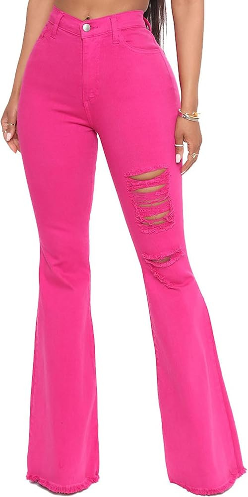 vunahzma Women's Bell Bottom Jeans Elastic Waist Ripped Flared Jeans Denim Bell Bottom Plus Size ... | Amazon (US)