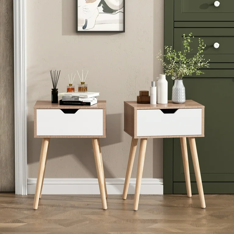 Jaxpety Mid-Century Nightstand Set of 2 Wooden End Table Sofa Side Table Wood Legs with drawer fo... | Walmart (US)
