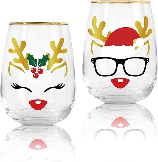 Whaline 17oz Christmas Novelty Stemless Wine Glasses with Gold Rimmed 2Pcs Reindeer Xmas Drinking... | Amazon (US)