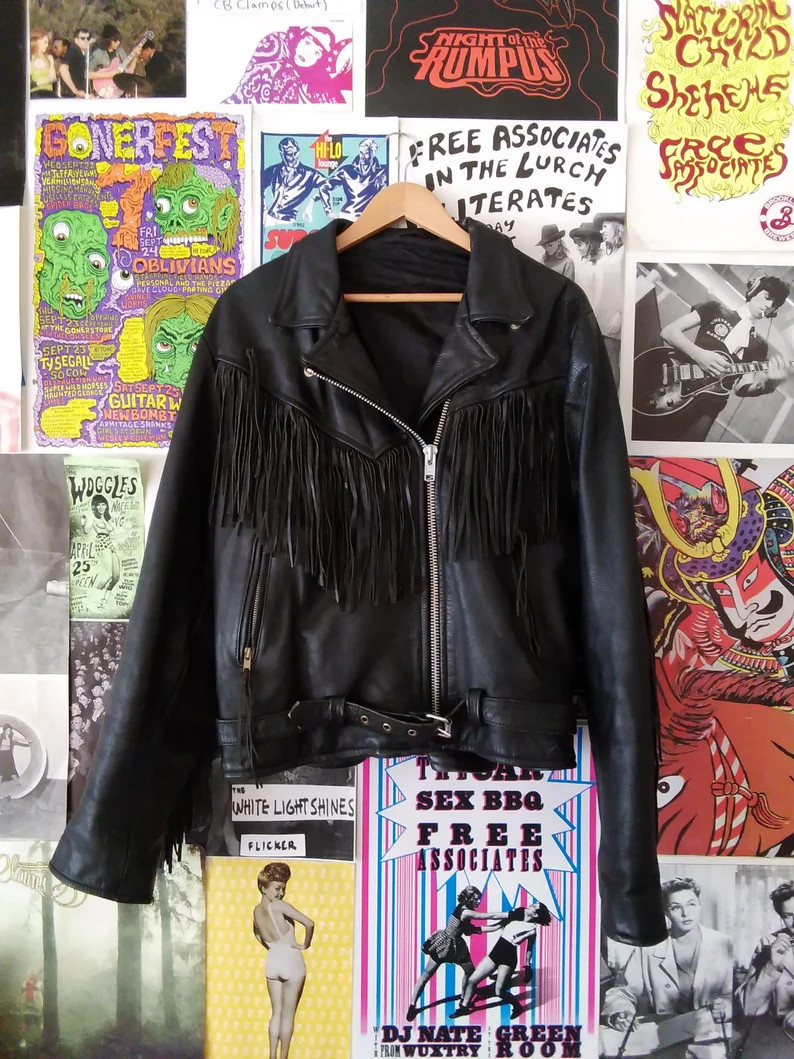 Vintage 80s/90s Fringe Leather Jacket Black Biker Jacket - Etsy | Etsy (US)