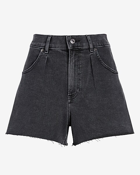 Super High Waisted Black Raw Hem Mom Jean Shorts | Express