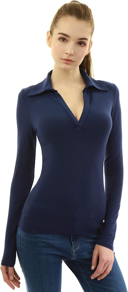 AmélieBoutik Women Collar V Neck Long Sleeve Polo Shirt | Amazon (US)
