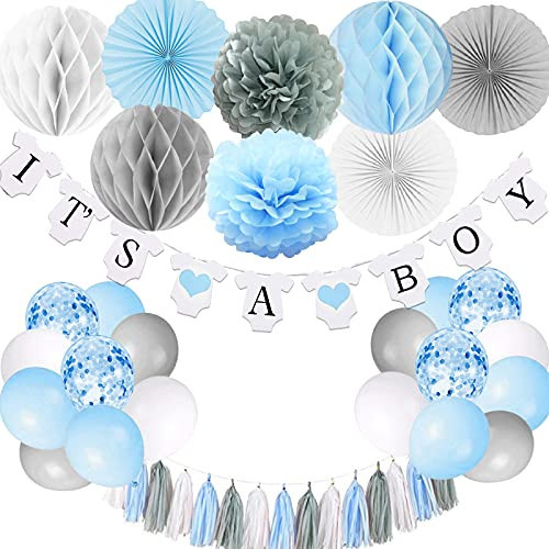 Baby Shower Decorations for Boy, It’s A Boy Banner with Paper Fan Tissue Pompoms Honeycomb Ball Party Balloons Foil Tassel, Blue and Grey It’s A boy Baby Shower Decorations | Amazon (US)