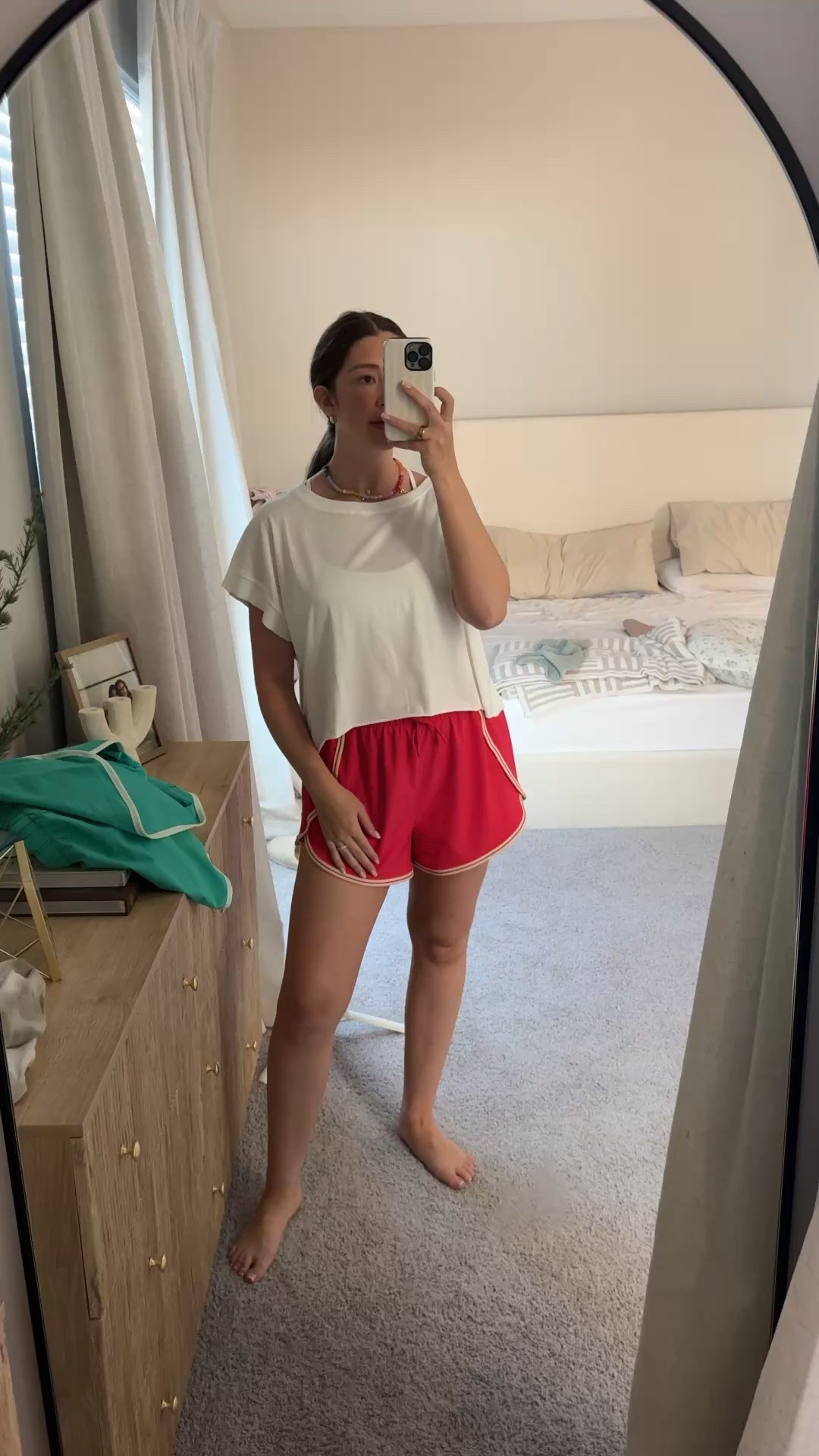 Wearing my true size medium in shorts - tall girl friendly! True size in top and went up one size on nursing sports bra - wearing large!