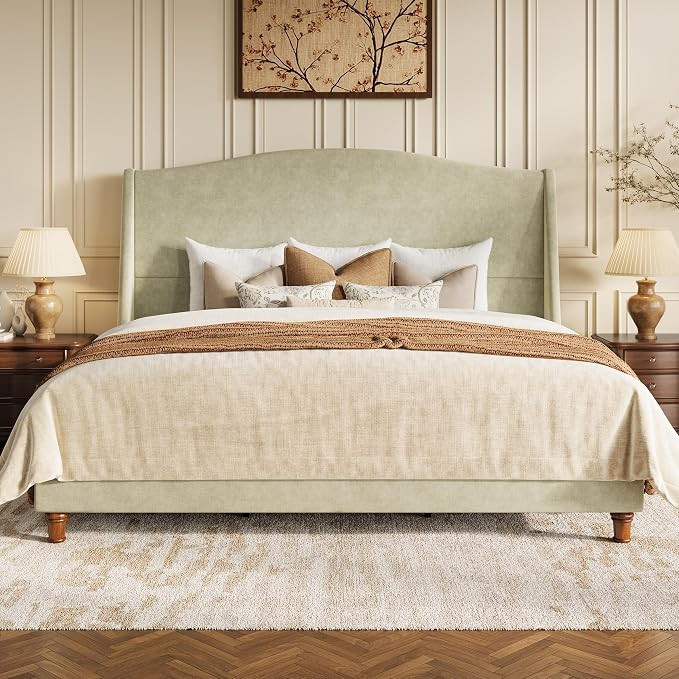 SHA CERLIN King Size Chenille Bed Frame, Retro Wooden Legs, Saga Green | Amazon (US)