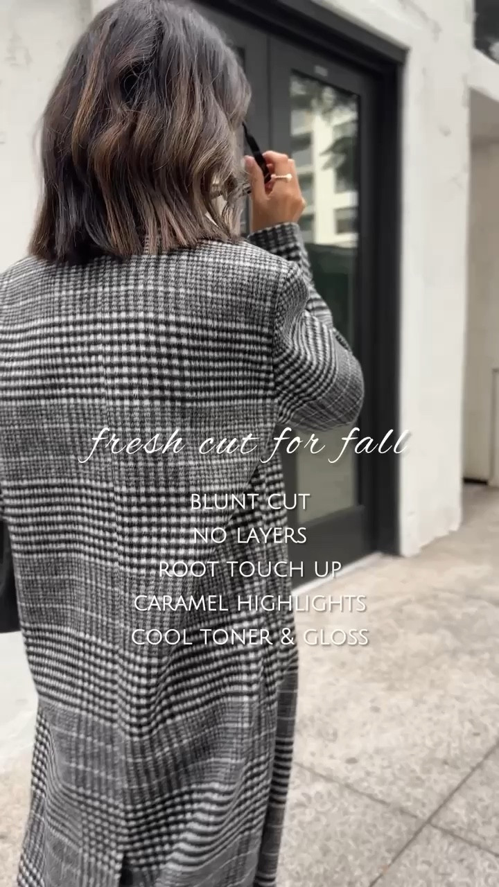 HAIR Q's answered: I did a blunt cut, no layers, root touch up, caramel highlights, cool toner & gloss✨ BTW this coat is so good. Threw it over a graphic tee & Amazon trousers to easily elevate my look Wearing the size small coat, XS tee and trousers Stylinbyaylin, aylin

#LTKVideo #LTKStyleTip #LTKBeauty