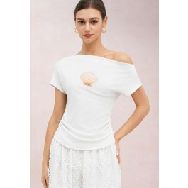 Pearl Shell Slant Shoulder Ruched Waist Top for Beach Walks & Vacation Photos | Chicwish
