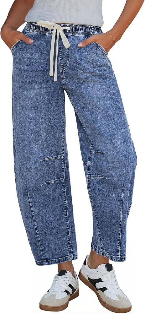 GRAPENT Barrel Jeans for Women Trendy High Waisted Cropped Baggy Wide Leg Pull On Elastic Waist S... | Amazon (US)