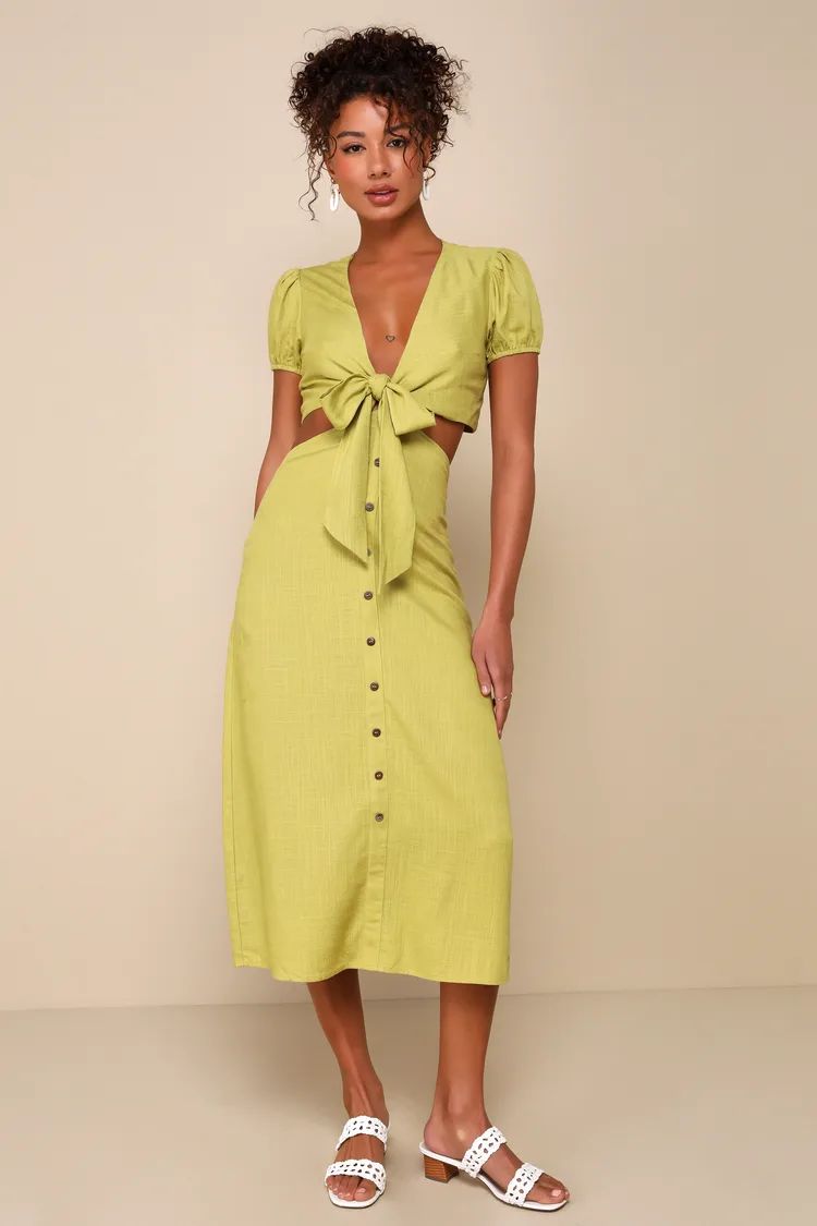 Green Tie-Front Linen Button-Front Midi Dress | Resort Wear 2024 | Vacation Dress | Lulus