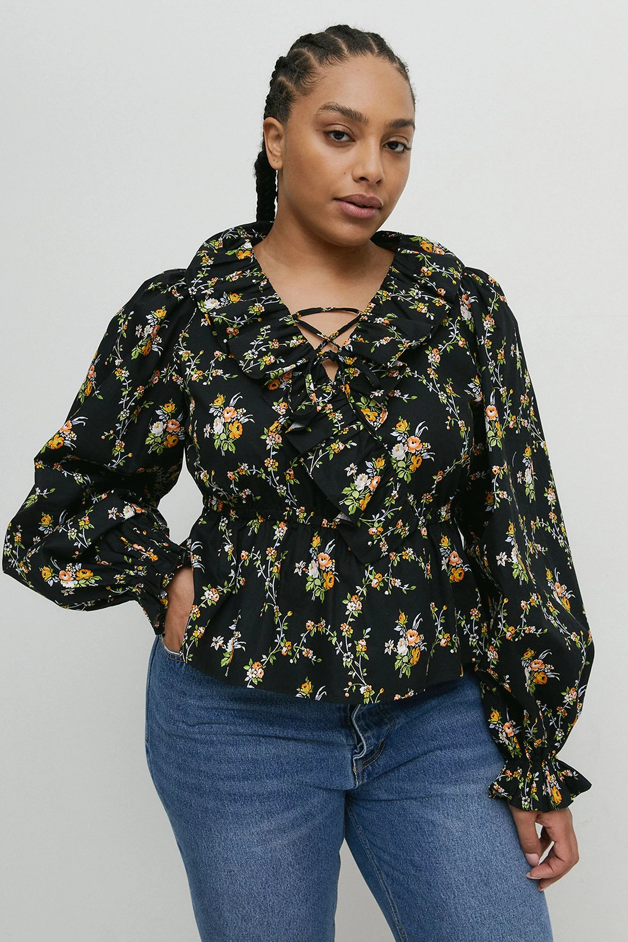 Plus Size Floral Ruffle Detail Lace Up Blouse | Warehouse UK & IE