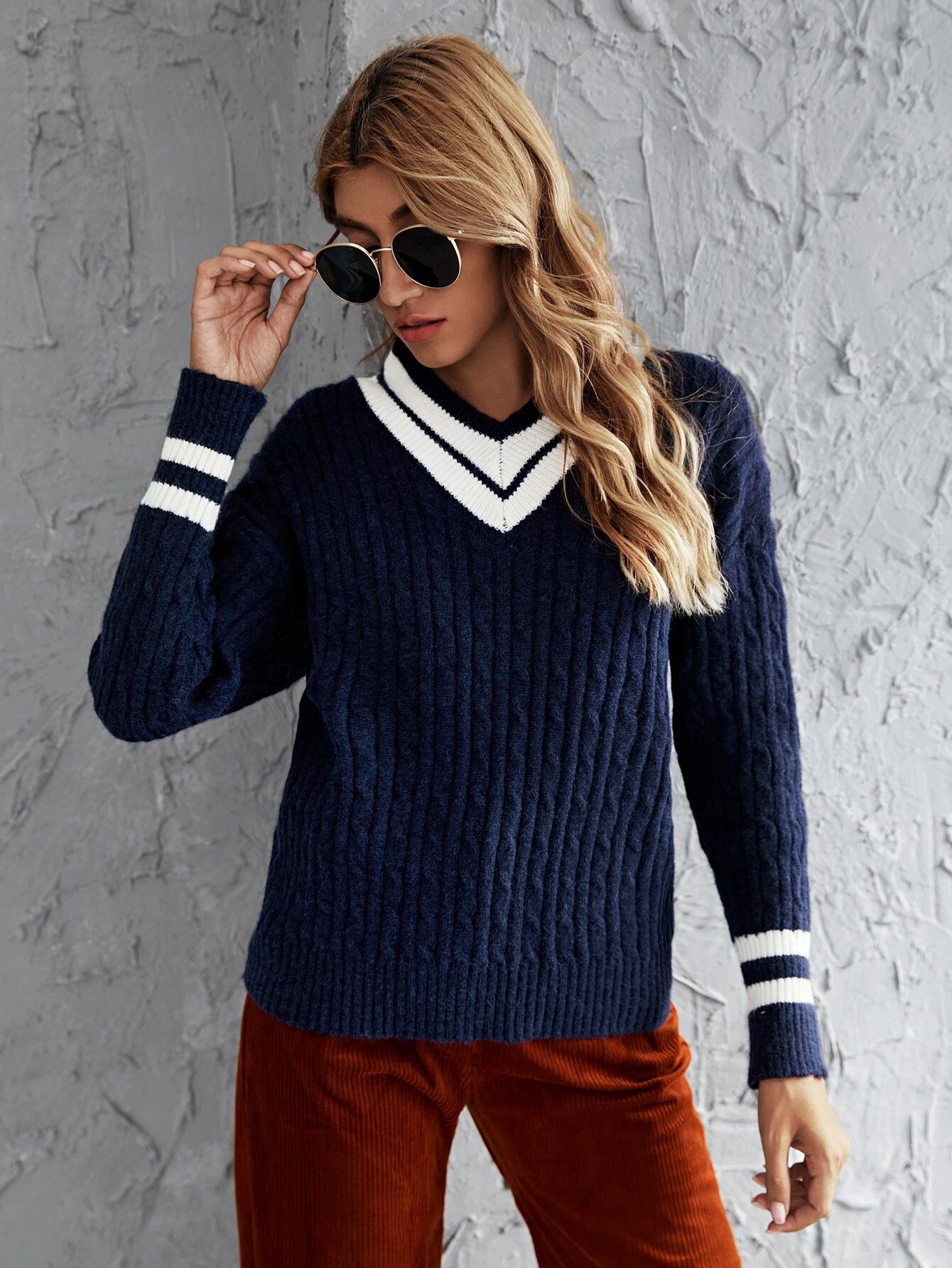 V-neck Stripe Trim Cable Knit Sweater | SHEIN