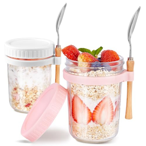 16oz - 2 Pack Overnight Oats Jars with Lids and Spoon, Overnight Oats Container with Lids, Airtigh Oatmeal Containers with Measurement Marks, Wide Mouth Mason Jars for Salad, Cereal - Pink & White | Amazon (US)