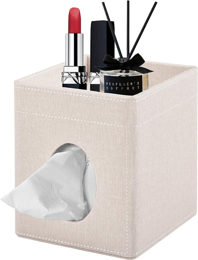 Tissue Box Cover with Storage Tray Square Tissue Box Holder PU Leather Facial Tissues Organizer T... | Amazon (US)