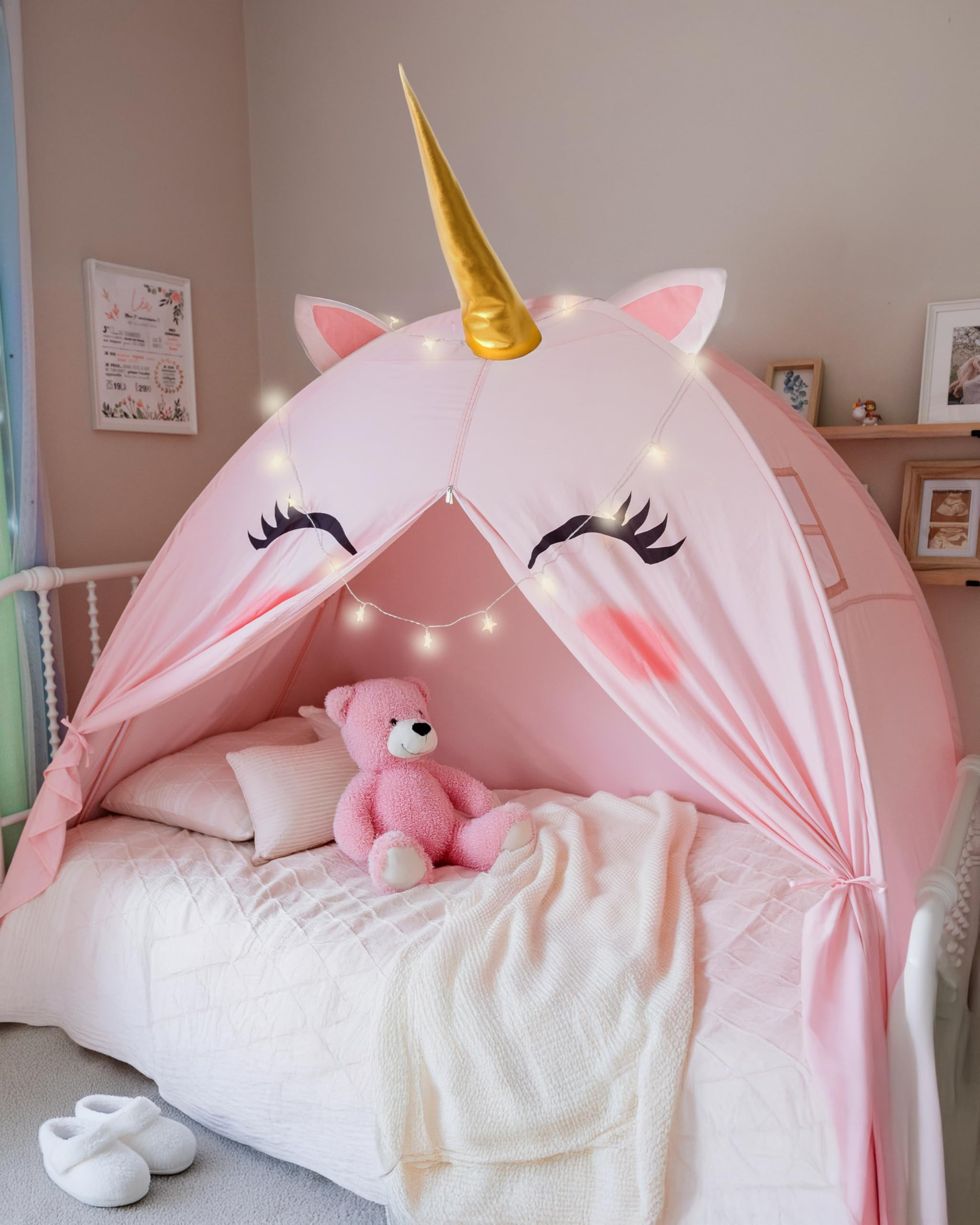 Large Unicorn-Shaped Kids Indoor Tent with Star Lights - Fits Twin Bed, Mesh Window, Tablet & Bot... | Amazon (US)