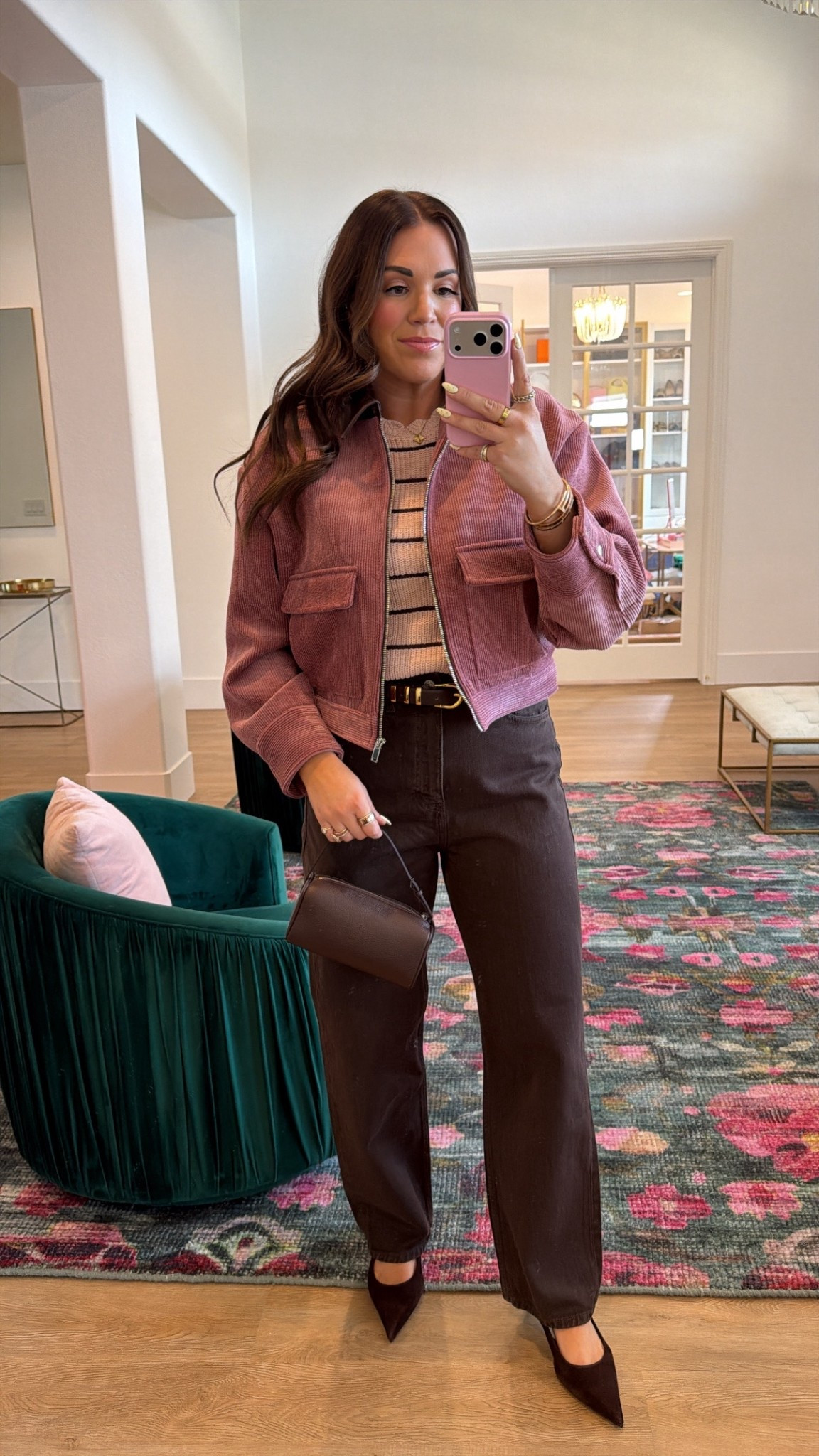 curvy midsize transitional spring pink look! wearing size large in pink stripe sweater top, size 30 in brown denim, and size large in pink mauve jacket 

#LTKMidsize #LTKSeasonal