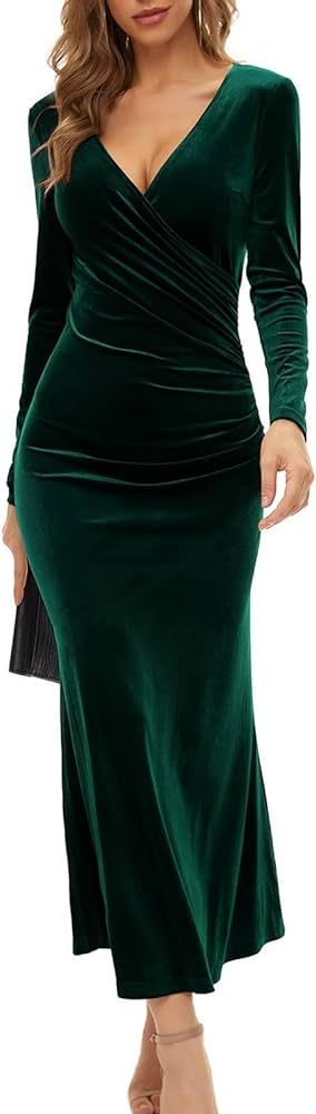 Amazon.com: Velvet Bodycon Dress Elegant Long Sleeve Wrap V Neck Ruched Bodycon Cocktail Party Maxi  | Amazon (US)