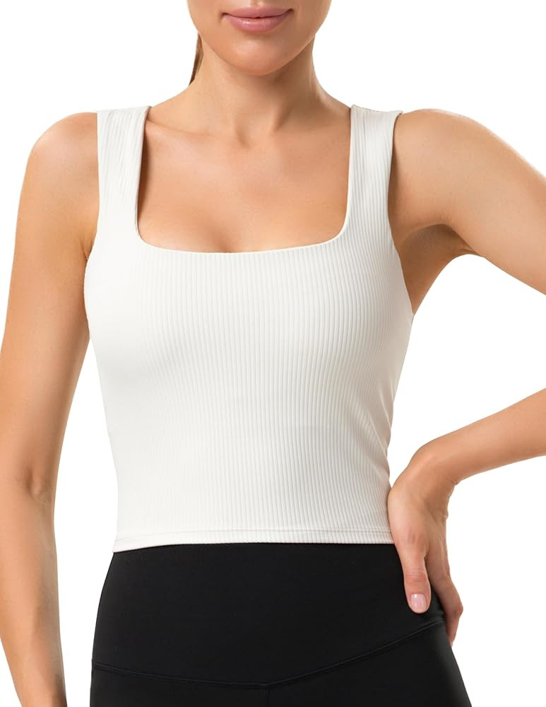 YUNOGA Womens Longline Sports Bra Square Neck Ribbed Yoga Bra Workout Crop Tank Tops with Built in Bra | Amazon (US)