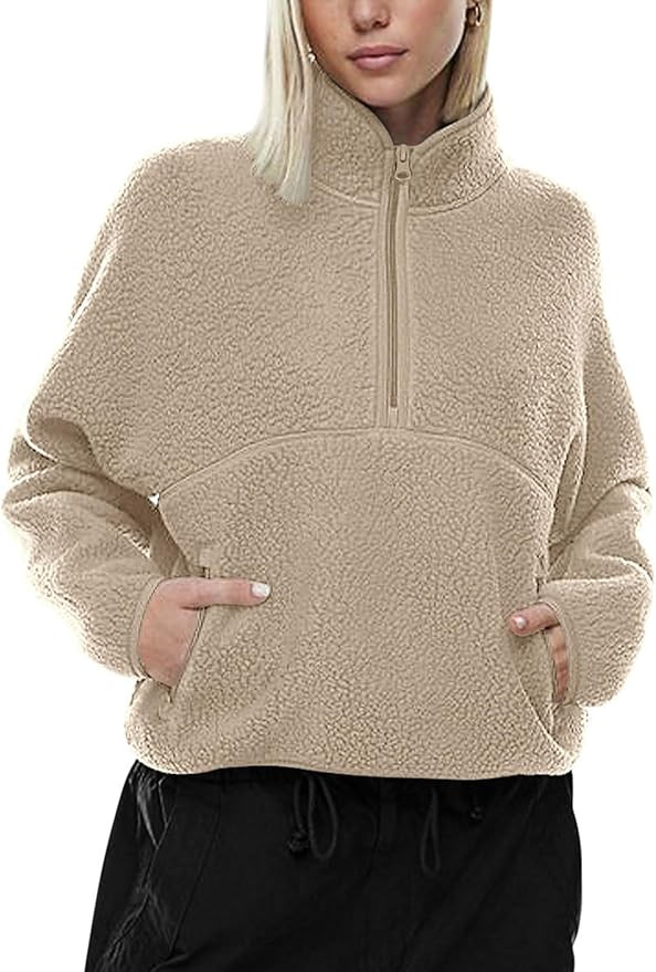 LASLULU Womens Half Zip Pullover Cropped Sweatshirts Sherpa Fleece Jacket Fuzzy Sweaters Cute Win... | Amazon (US)