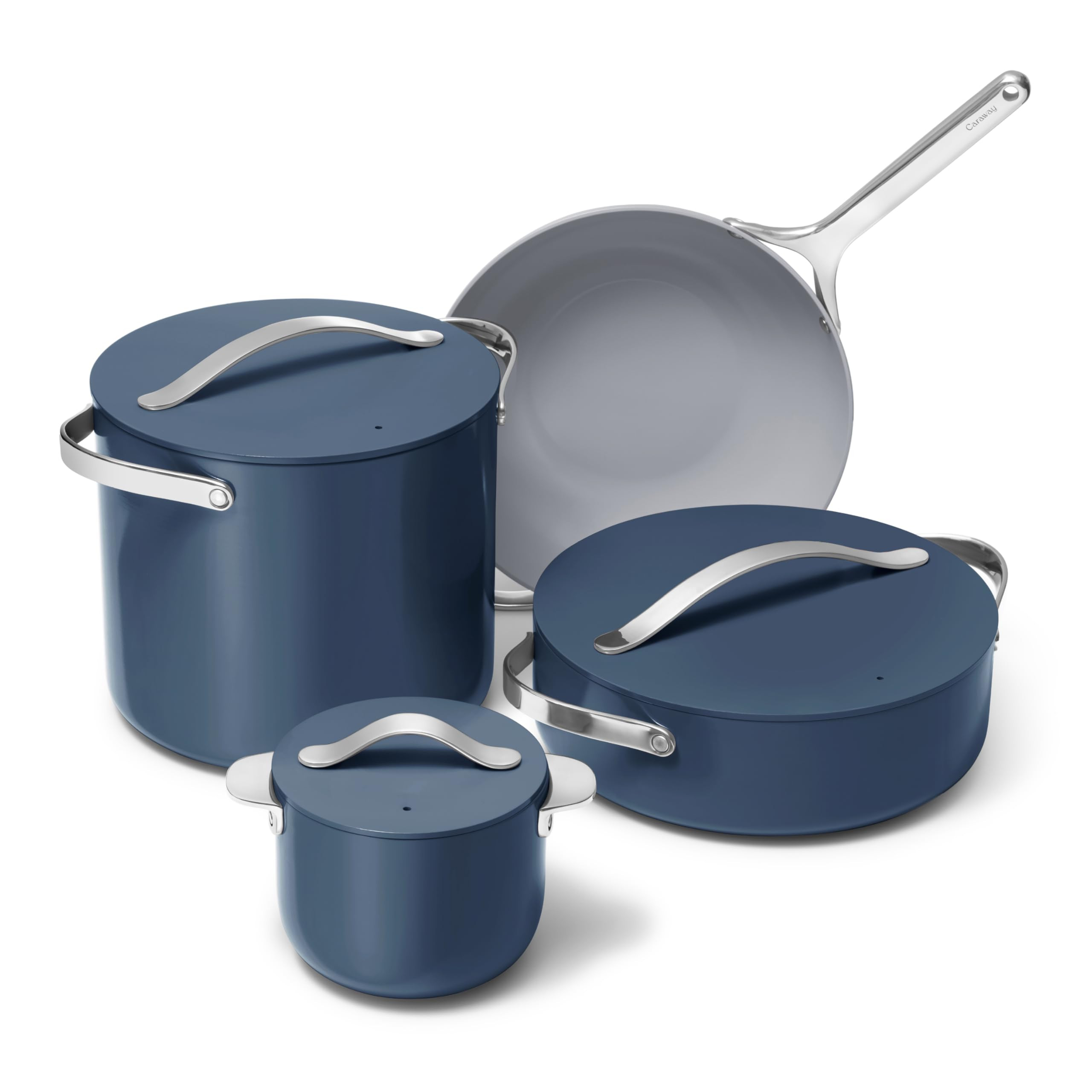 Caraway Cookware+ Collection - Specialty Cookware Set - Petite Cooker, Stir Fry Pan, Rondeau, & Stock Pot - 3 Lids & Storage Organizer Included - Navy | Amazon (US)