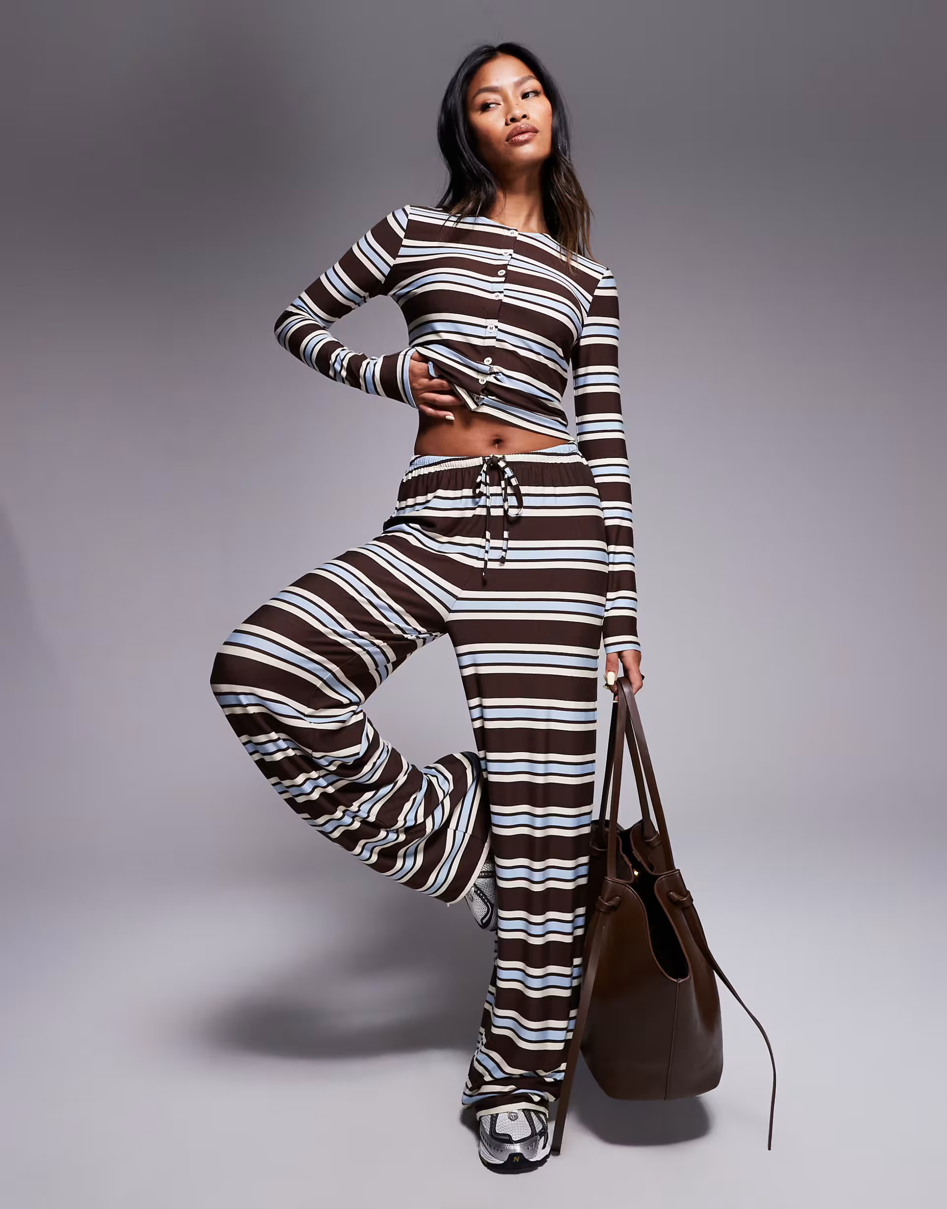 Kaiia exclusive super soft jersey drawstring trousers co-ord in brown and blue stripe | ASOS (Global)