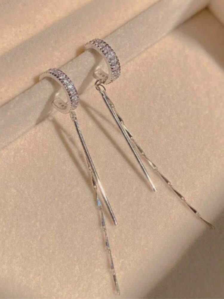 1 Pair Elegant C-Shaped Rhinestone Decor Tassel Clip-On Earrings For Women | SHEIN