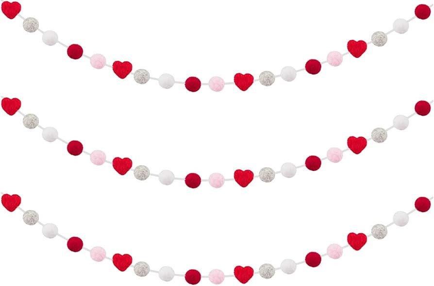 3 Pcs Valentine's Day Felt Ball & Heart Garlands- Grey, White & Red Felt Pom Pom and Felt Heart H... | Amazon (US)
