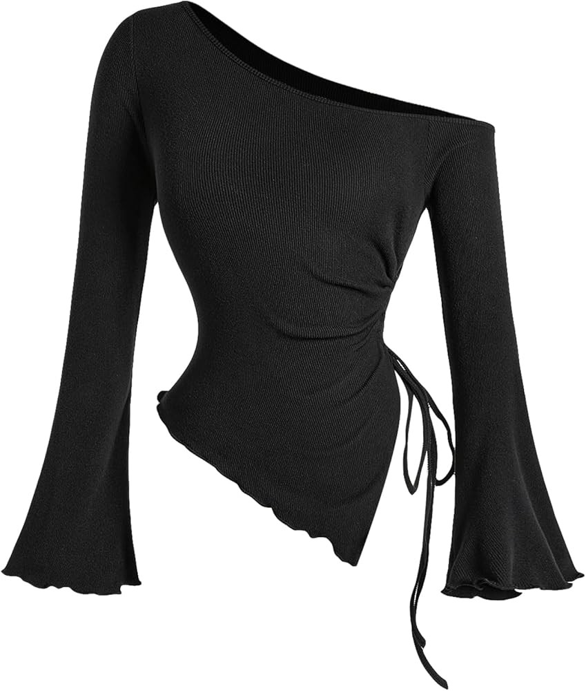 Milumia Women's Ribbed Knit One Off The Shoulder Asymmetrical Long Bell Sleeve Tops Y2K Going Out... | Amazon (US)